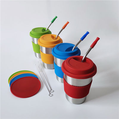 1 Stück 12 Unzen Kinder Milchbecher aus Edelstahl mit bunten Silikondeckeln und Strohhalmen