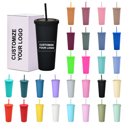 American Style 710ML / 24oz wiederverwendbare BPA-freie Kunststoff-Tumbler mit Deckel und Strohhalmen
