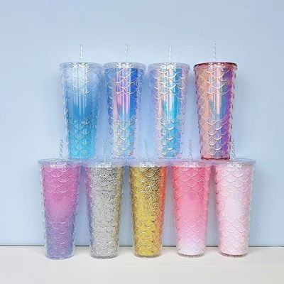 Wasserflowing-Methode Kreative Strohbecher Plastik Doppelschicht Flash Rosa Fischwellen Becher