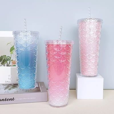 Wasserflowing-Methode Kreative Strohbecher Plastik Doppelschicht Flash Rosa Fischwellen Becher