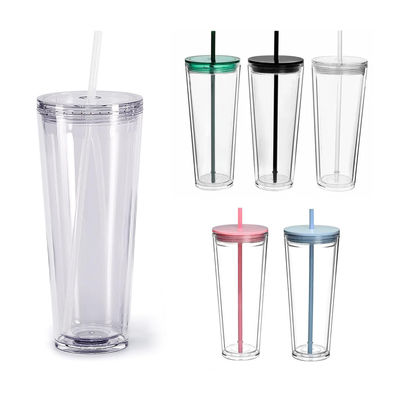 Wiederverwendbare klare Becher 24oz Isolierter Doppelwand-Kunststoff-Tumbler mit Deckel und Stroh