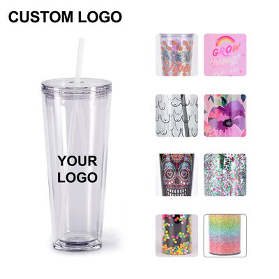 Wiederverwendbare klare Becher 24oz Isolierter Doppelwand-Kunststoff-Tumbler mit Deckel und Stroh