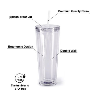 Wiederverwendbare klare Becher 24oz Isolierter Doppelwand-Kunststoff-Tumbler mit Deckel und Stroh