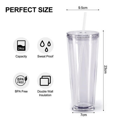 Wiederverwendbare klare Becher 24oz Isolierter Doppelwand-Kunststoff-Tumbler mit Deckel und Stroh