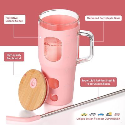 Custom Logo Wiederverwendbares Glas Tumbler 32oz mit Bambus Deckel Griff und Silikon Hülle