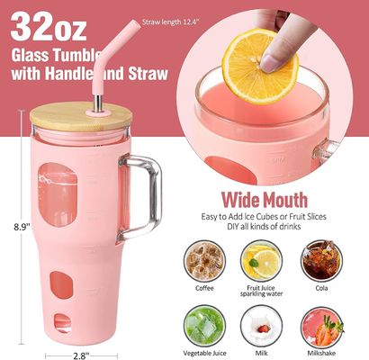 Custom Logo Wiederverwendbares Glas Tumbler 32oz mit Bambus Deckel Griff und Silikon Hülle