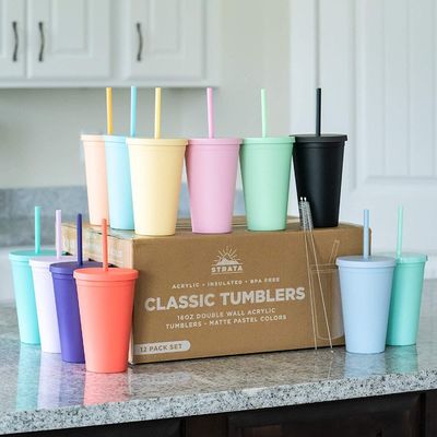 Custom AS PP Doppelwandfarbenes Acrylmatte Schwarzes Plastik-Tumbler-Tasse mit Deckel und Stroh