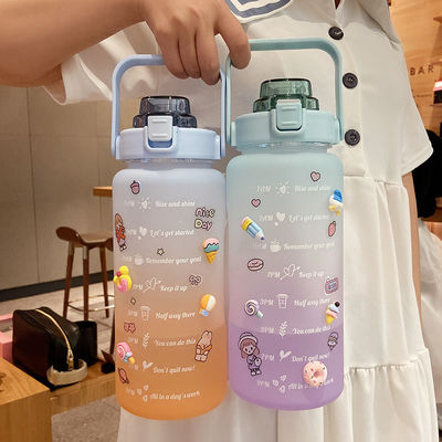 2L Motivationszeitmarker Wasserflasche mit Stroh und Aufklebern