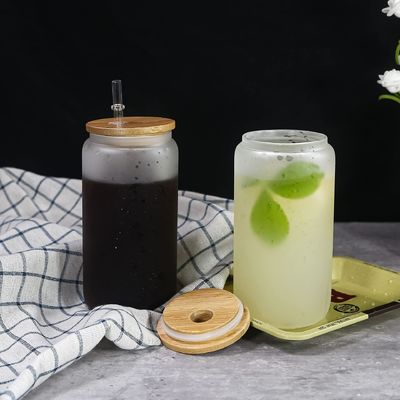 12oz/16oz/25oz Glas Milchbecher Sublimation Bier-Kanne in Form von Tasse mit Bambus-Deckel und Stroh