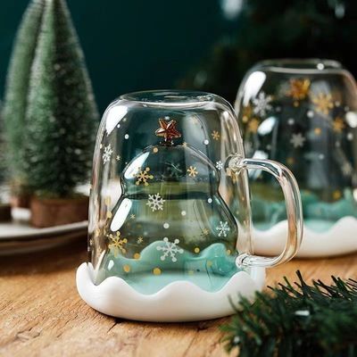 300 ml Glas Weihnachts-Doppelwand-Tassen mit süßem Design und Custom Logo Geschenk-Box