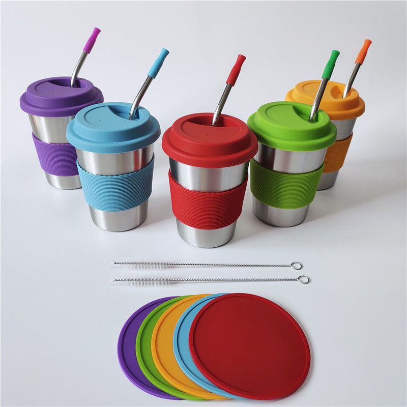 1 Stück 12 Unzen Kinder Milchbecher aus Edelstahl mit bunten Silikondeckeln und Strohhalmen