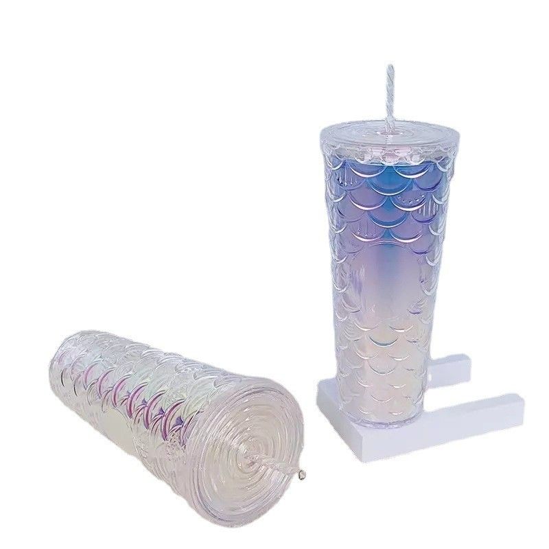 Wasserflowing-Methode Kreative Strohbecher Plastik Doppelschicht Flash Rosa Fischwellen Becher