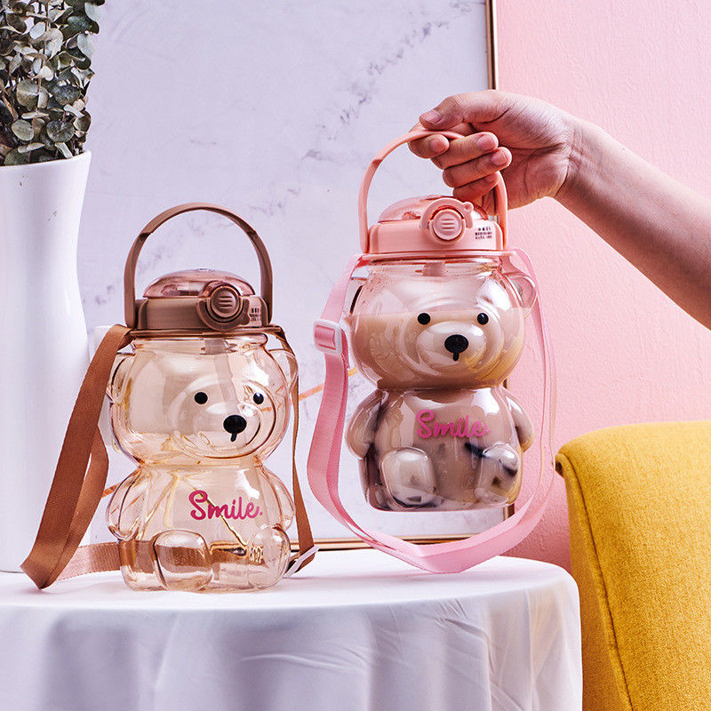 Sommerschüler müssen süße Teddybären haben Wasserflasche mit Stroh und großer Kapazität