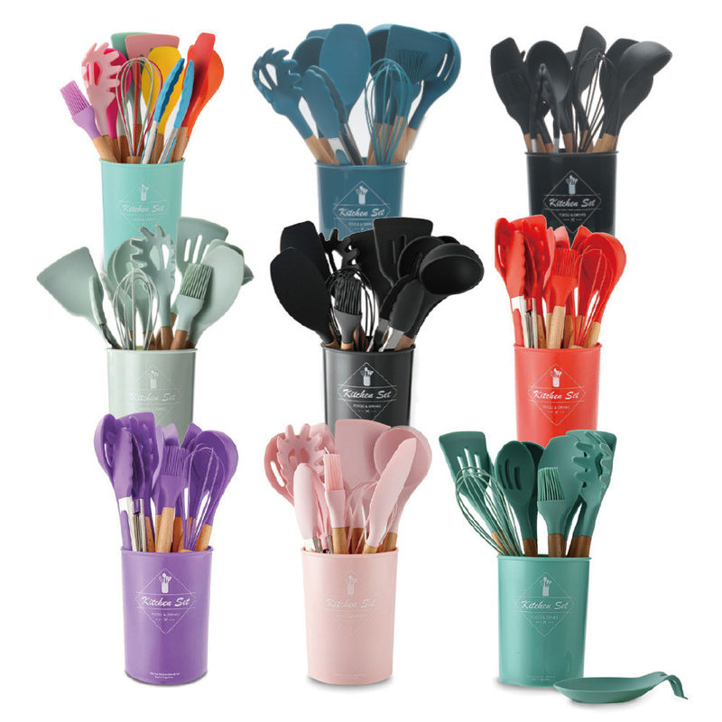 Outdoor Custom Logo Holzgriffe Spatulas Silikon Küchenutensilien Spatula Set mit Speicherbehälter